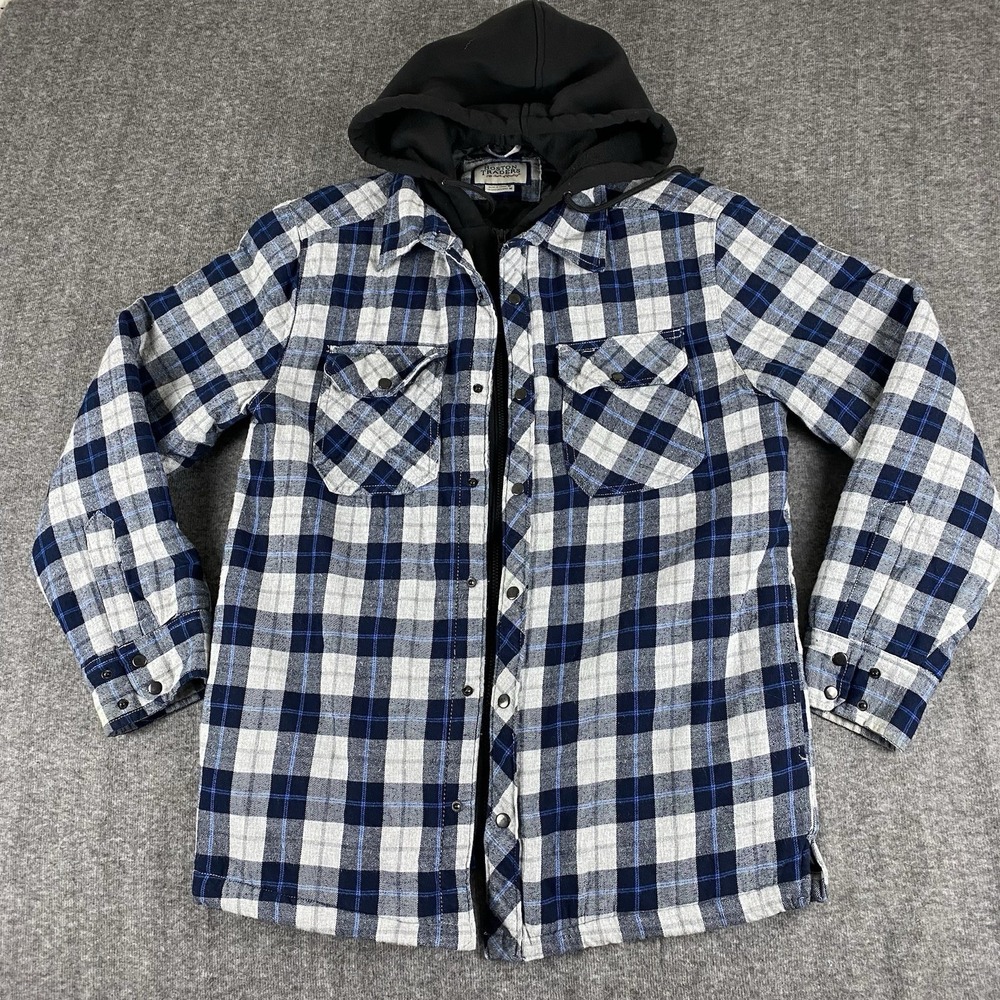 Boston Traders Hooded Quilted Flannel Shirt Jacket Blue Plaid Snap Front Men's M